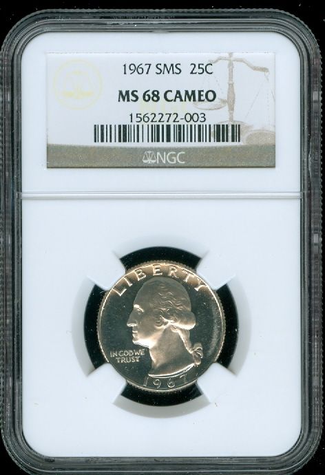 1967 SMS WASHINGTON QUARTER NGC MS68 CAMEO FINEST .  