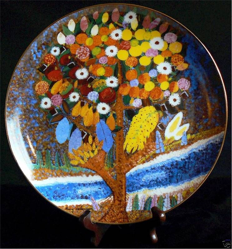 HARRY LIEBERMAN TREE OF LIFE FOLK ART PORCELAIN PAINTING PLATE JUDAICA 