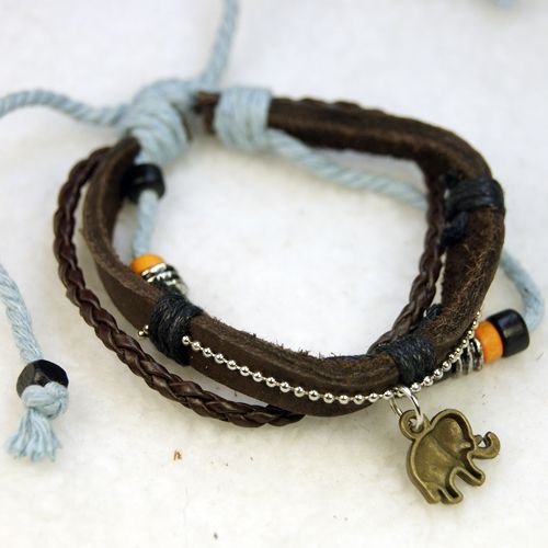 Fashion Elephant Pendant Tibet Carved Wood Alloy Leather hemp Bracelet 