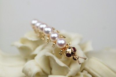 14K PEARL & RUBY CATERPILLAR PIN   3.2 GRAMS  