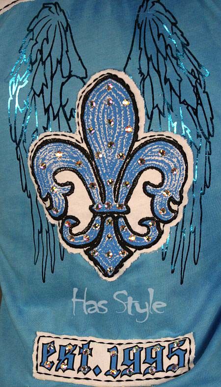 Laguna Beach Jeans Blue Fleur De Lis T shirt crystals swarovski stone 