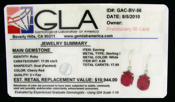 RUBY Earrings, 17 carats, Oval,Certified 11K,Cherry Red  