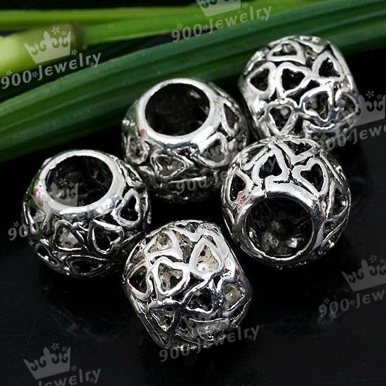 5X Tibetan Silver Heart Drum Charm Spacer Bead 7mm Hole  