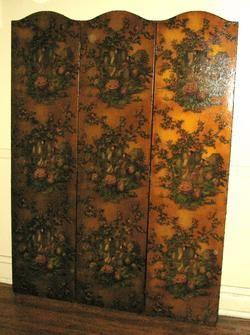 Antique Chinoiserie 3 Panel Screen on Leather c. 1900  