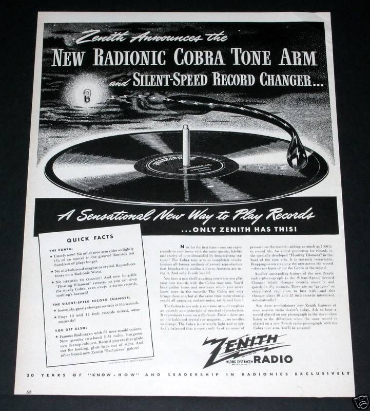 1946 OLD MAGAZINE PRINT AD, ZENITH, RADIONIC COBRA TONE ARM  