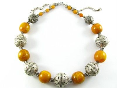 Vintage Yemen Yemenite Filigree Silver Amber Necklace  