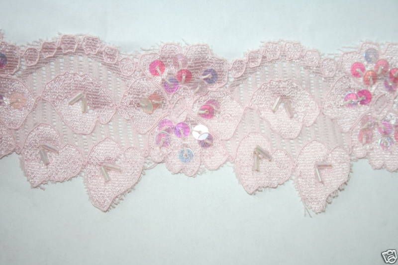 yds BABY PINK LEAF STRETCH trim LACE sequins 2  