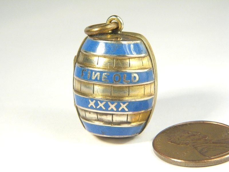 ANTIQUE ENGLISH 9K GOLD ENAMEL FINE OLD XXXX BRANDYBARREL LOCKET 