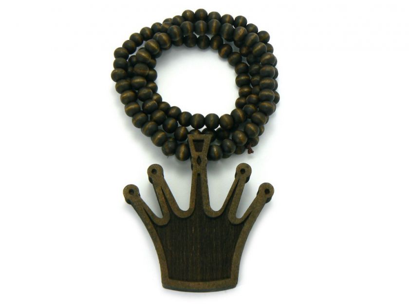 WOODEN KING ROYAL CROWN PENDANT + 36 INCH NECKLACE CHAIN WOOD BEADED 