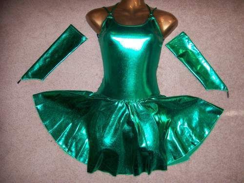 NEW Metallic Green Figure Skating Dress w arm mitts AXL  