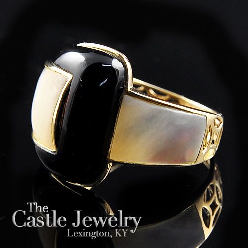 BLACK ONYX AND MOTHER OF PEARL BUCKLE RING 14K YG  