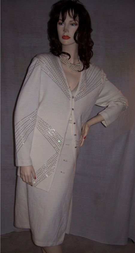 St John Evening Cream Paillette Jeweled Skirt Suit $480  