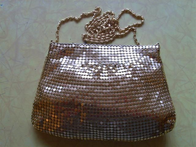 Vintage 70s Gold Mesh Purse, Long Chain, Disco  