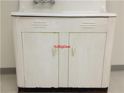 VINTAGE KITCHEN SINK WITH CABINET WHITE PORCELAIN CAST IRON AND STEEL 