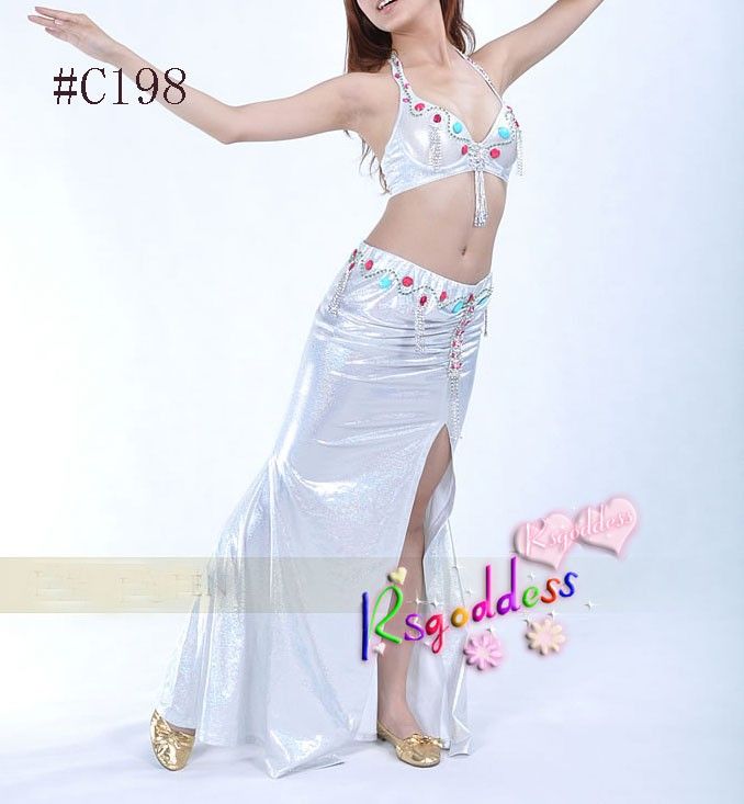 High quality white belly dance 2 pics costume Bra skirt  