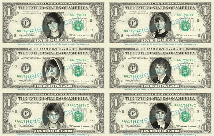 Justin Bieber Dollar Bill Set   Includes 6 Dollars  