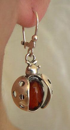 BALTIC CHERRY, HONEY or GREEN AMBER & STERLING SILVER LADYBUG EARRINGS 