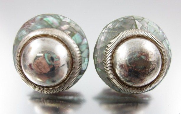 WENDY GELL Vntg MOP Signed Silver Tone Clip Earrings  