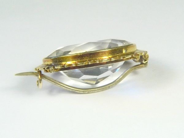 STUNNING QUALITY ANTIQUE ENGLISH 15K GOLD ROCK CRYSTAL BROOCH PIN 