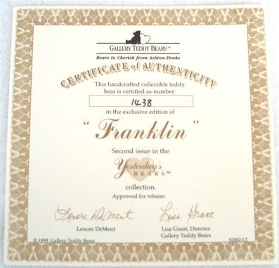 1999 Franklin Gallery Teddy Bears Ashton Drake Cert MIB  