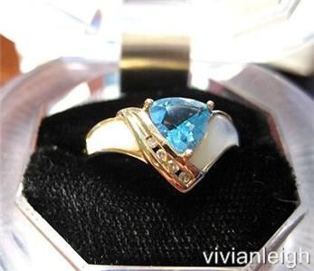 BLUE TOPAZ ring with Mother of Pearl Inlay & Diamonds 10K YG size 7 