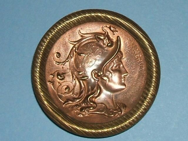 Antique VERBAL COPPER Picture Button, Mythology Minerva  