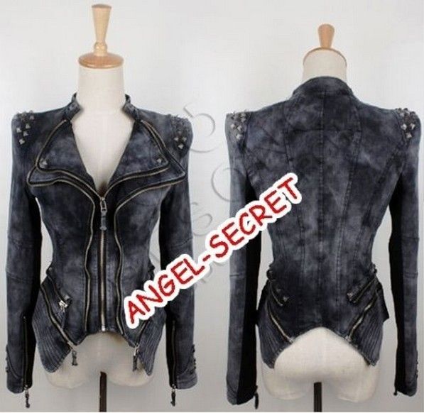 CJ228 WOMEN JACKET DENIM POWER SHOULDER ZIPPER RIVET PUNK GRAY GREEN 