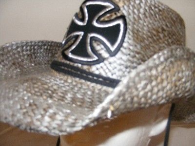 MENS SILVER WESTERN COWBOY HAT STRAW MALTESE CROSS  