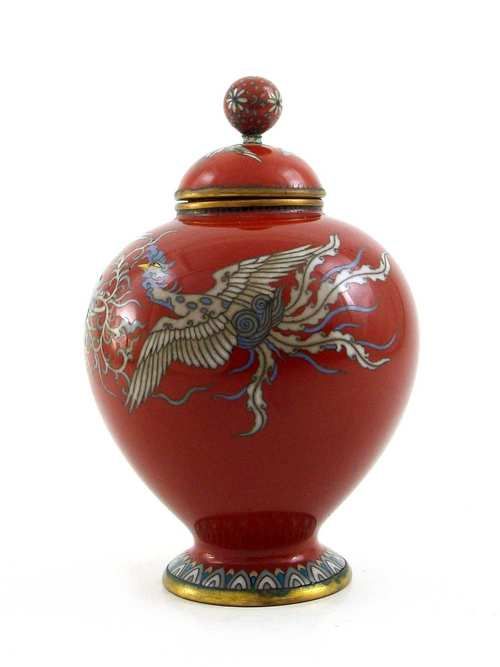 Three Fenghuangs on Red Background Japanese Cloisonne Jar large photo