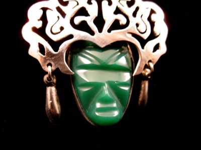   TAXCO MEXICO STERLING SILVER GREEN ONYX AZTEC MASK BROOCH PIN  