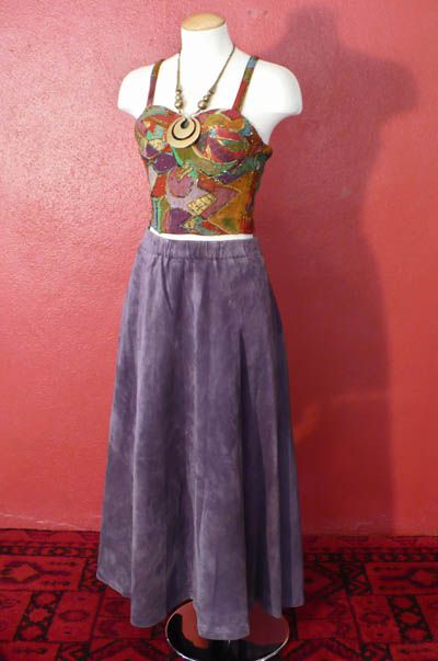 vtg 70s SUEDE LEATHER Long A LINE Western Maxi Purple Festival SKIRT 