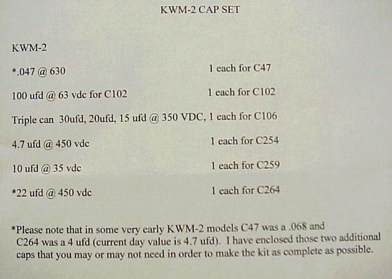 Collins KWM 2 & KWM 2A NEW Capacitor Replacement Kit  