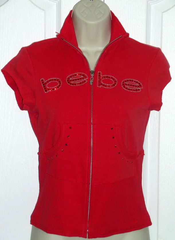   bebe rhinestone logo mock neck short sleeve jacket shirt top small