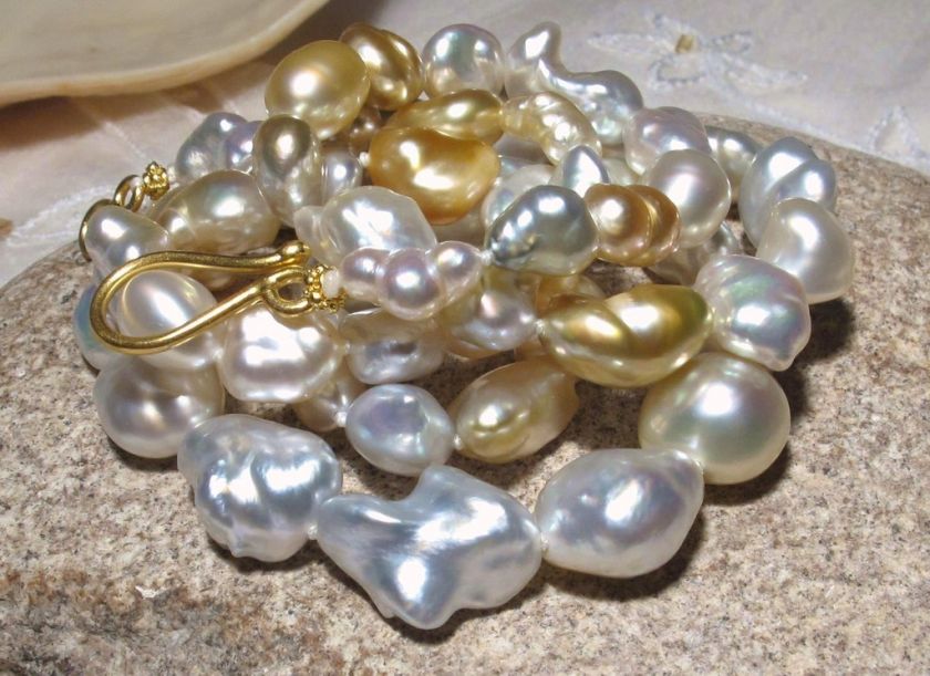 GORGEOUS 22K RARE SOUTH SEA GOLD WHITE SILVER KEISHI PEARL NECKLACE 22 