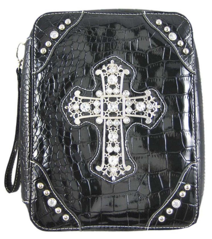 Black Mock Croc Bible Cover W/ Ornate Rhinestone Cross  