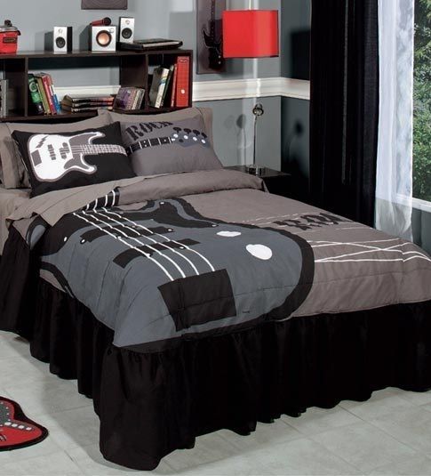 Rock Guitar Black/Gray Teen Boy Twin & Full/Queen Size Bedspread Set 