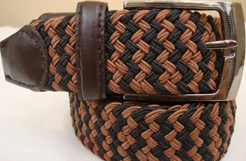 Mens Elastic Braided Black Brown Belt Silver Buckle 42  