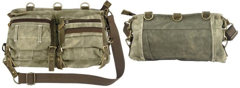 STONEWASHED OLIVE DRAB ARMY MESH BAG W/LEATHER ACCENTS  