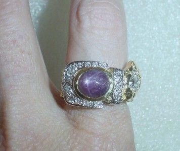 14K VINTAGE STAR RUBY DIAMOND BUCKLE RING   SIZE 6.75  