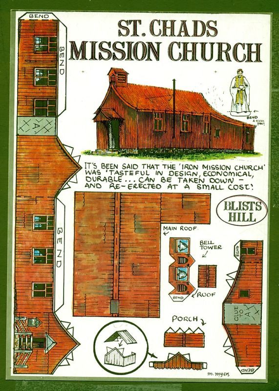 oz postcard, St Chads Mission Church, Cut Out, Myers  