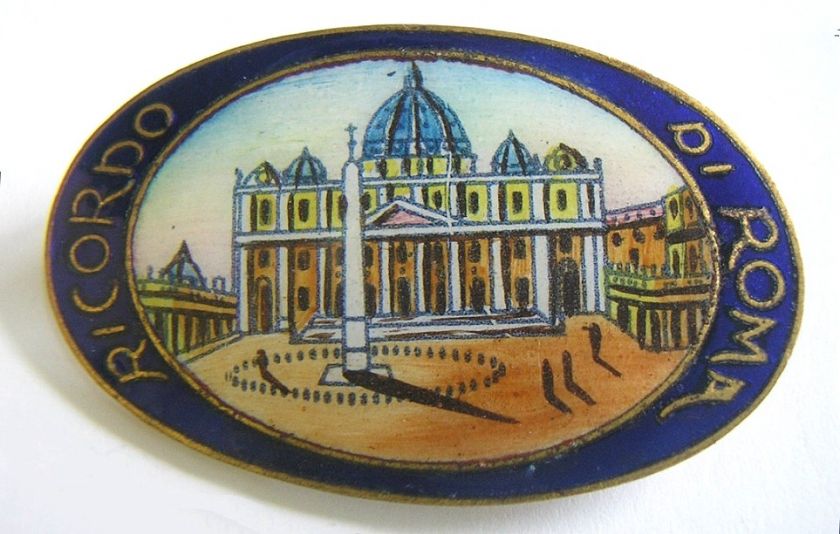 SUPERB ENAMEL BROOCH SOUVENIR c1900 VATICAN ROMA ITALY  