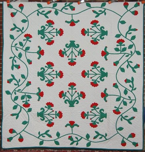 30s Vintage Red & Green Applique Carolina Lily Hand Stitched Antique 