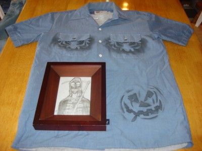 Halloween Pumpkin Mens Dickies Button Up Blue Workshirt + Grim Reaper 