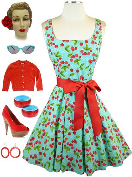 50s Style AQUA CHERRY Print CHERRIES JUBILEE ScoopNeck FULLSKIRT PINUP 