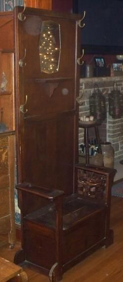 Antique Oak Hall Bench, Rack, seat & mirror 6 brass hooks  