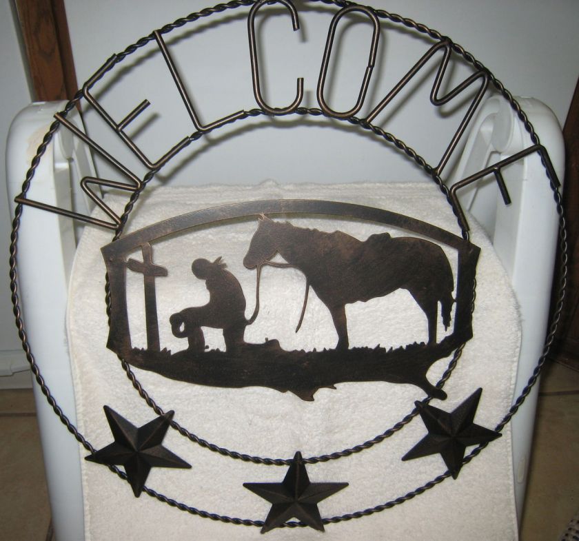 COWBOY CHURCH PRAYING COWBOY WITH HIS HORSE WELCOME SIGN OF METAL 