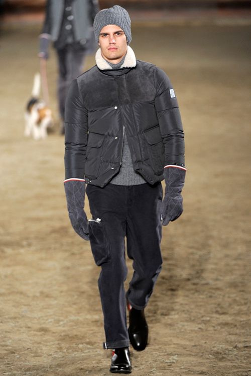 MONCLER GAMME BLEU by THOM BROWNE POLYESTER & TWEED SHEARLING COLLAR 