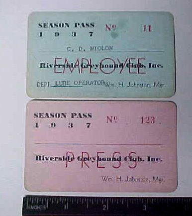 Riverside Greyhound Club Jacksonville FL 2 Passes 1937  