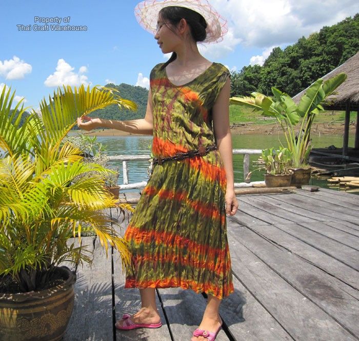 rice fields open collar ladies tiedye summer dress olive green