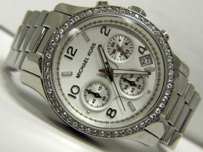 Michael Kors Womens Crystal Bezel Silvertone Chronograph Bracelet 